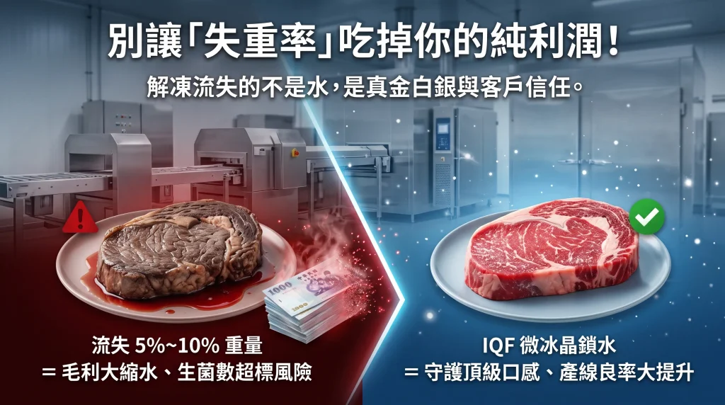 食品加工解凍失重率對比情境圖:傳統冷凍牛排解凍流出大量血水與利潤損失,與碩頂IQF急速冷凍鎖水維持鮮紅肉質與產線良率。