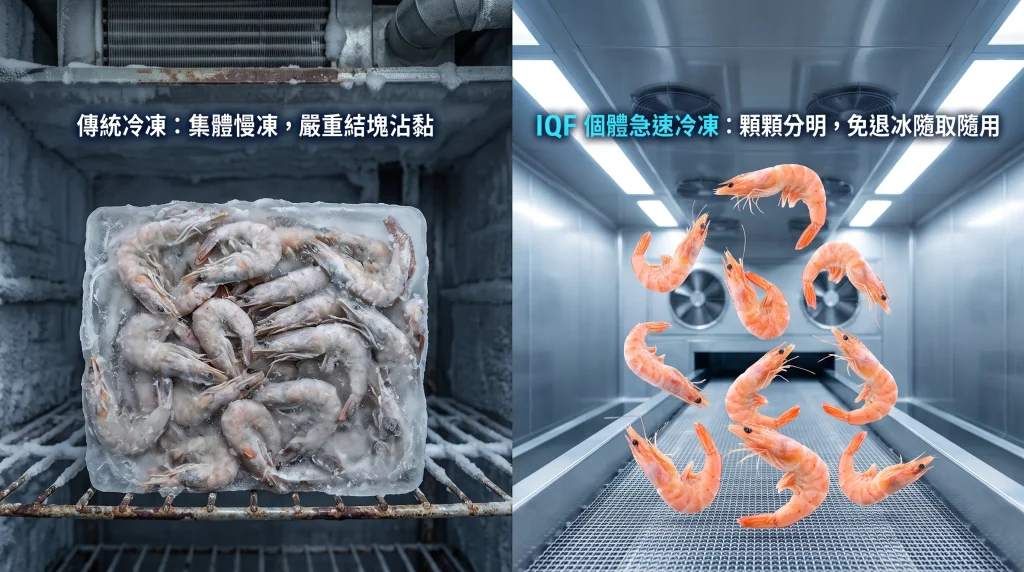 傳統冷凍與 IQF 個體急速冷凍效果對比圖:左側顯示傳統冷凍導致蝦子嚴重結塊沾黏成冰磚;右側顯示 IQF 技術讓蝦子顆顆分明、呈現獨立不沾黏的完美鮮度。