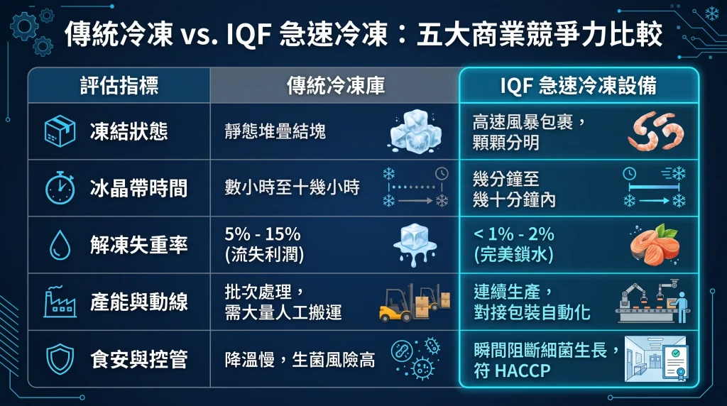 傳統冷凍與 IQF 急速冷凍設備的五大商業競爭力比較表:評估指標包含凍結狀態、冰晶帶時間、解凍失重率、產能動線及食安控管,展現 IQF 在降低失重率與自動化生產上的商業優勢。