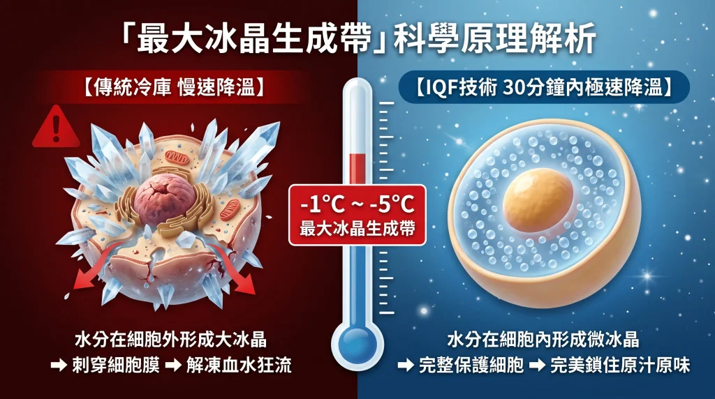 最大冰晶生成帶科學原理對比圖:傳統慢速冷凍刺破細胞膜流失血水,與碩頂科技IQF急速冷凍形成微冰晶完美鎖水保護細胞。
